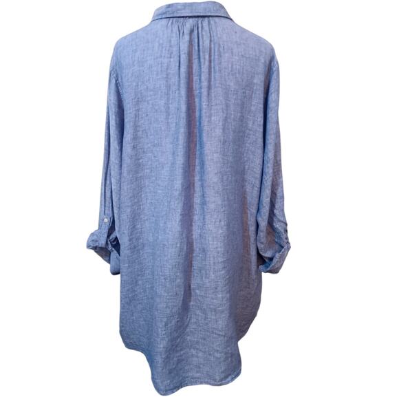 JNY 100% Linen Blouse Top 2X‎ Blue Popover Roll Tab Sleeves Casual Career Office - Picture 3 of 9